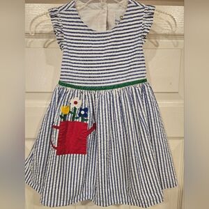 Florence Eiseman Seersucker Blue and White Kids Dress with Floral Pocket Size 4T